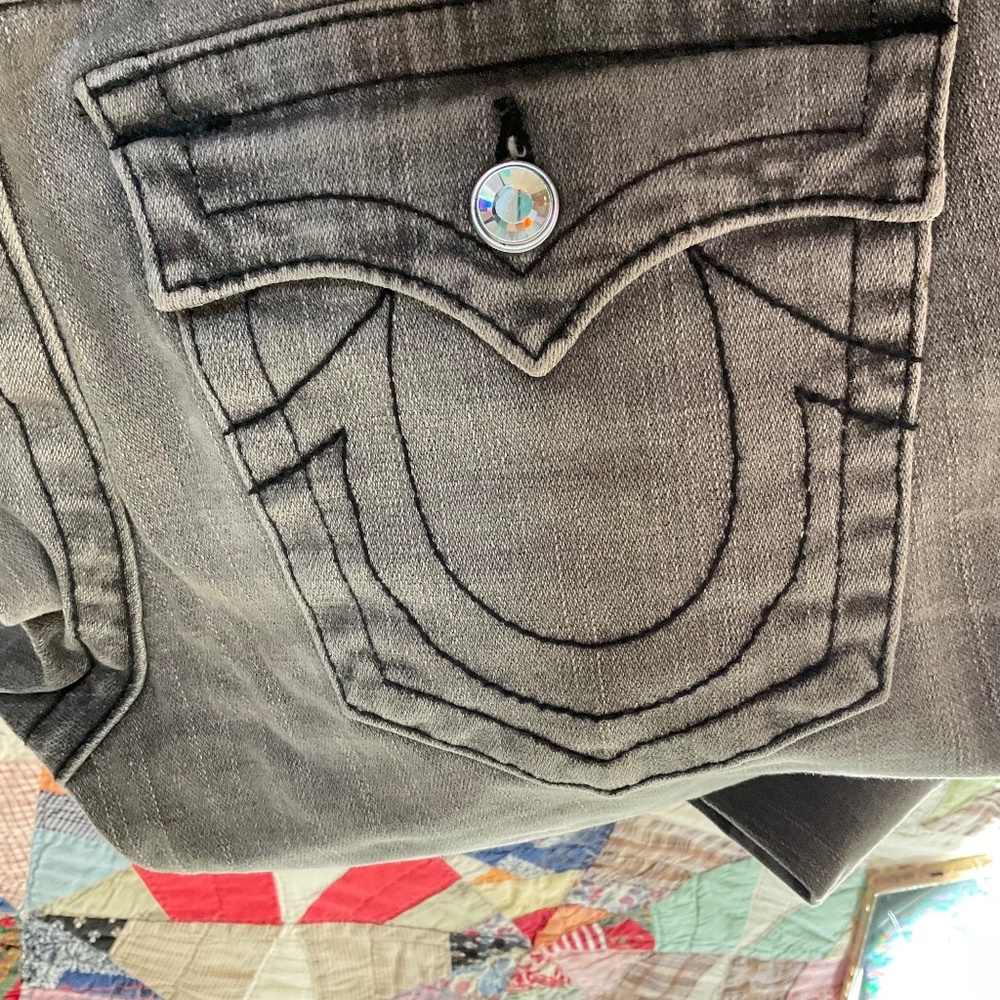 Vintage True Religion grey denim jeans. Minimal use of clear rhinestones.